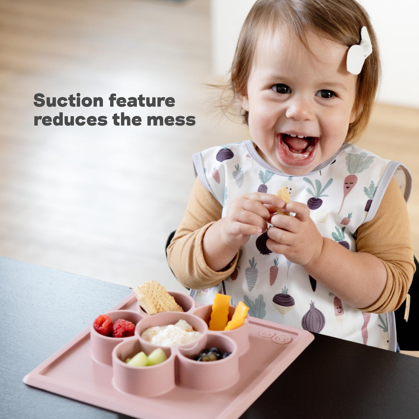 ezpz Mini Play Mat for Baby + Toddler (Blush) - 6 Months+ - Suction Plate with Flower Compartments for Crafts, Painting, Sorting, Snack Time - Promotes Pincer Grip