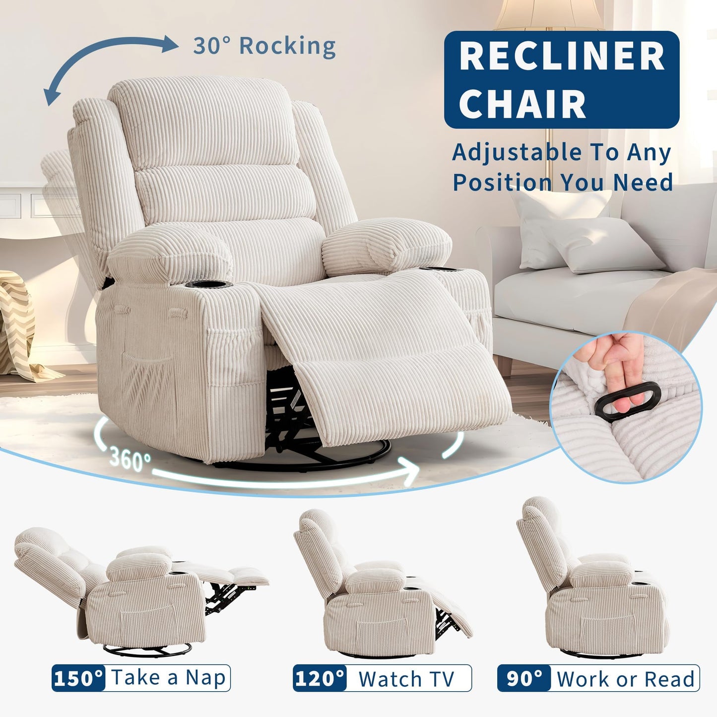 Rocking Recliner Chair for Adults Corduroy Wide Upholstered Glider Recliner with Cup Holder Deep Seat Single Sofa Rocker Chair for Nursery Living Room