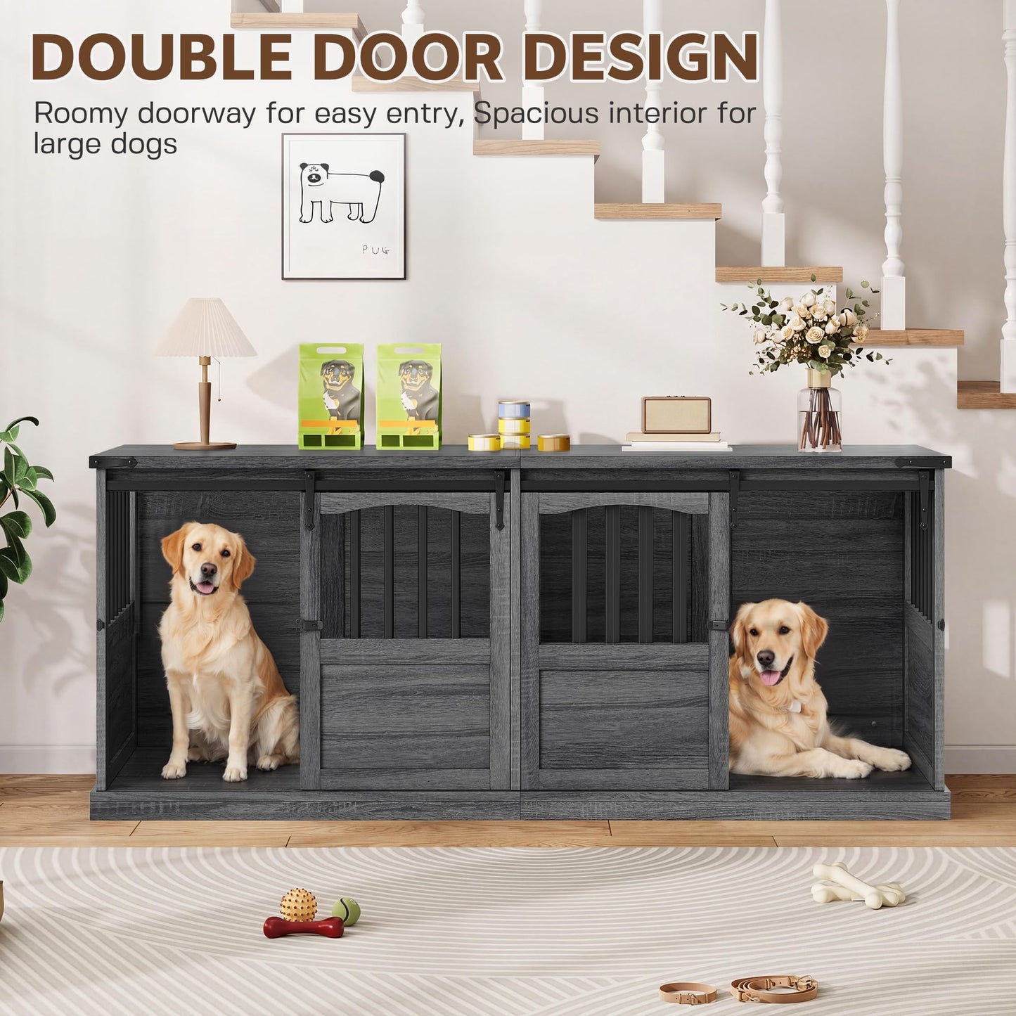 Homiflex 72" Double Dog Crate Furniture for 2 Medium Large Dogs Wooden Heavy Duty Dog Kennel Furniture with 2 Sliding Doors and Divider Decorative Dog Cage TV Stand End Table for Indoor, Grey
