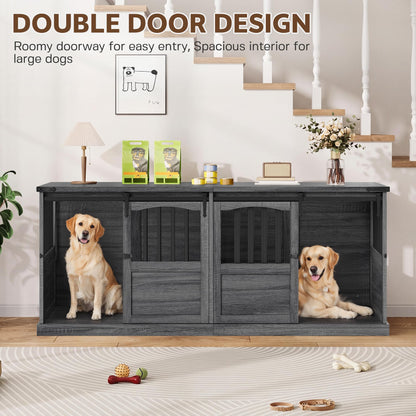 Homiflex 72" Double Dog Crate Furniture for 2 Medium Large Dogs Wooden Heavy Duty Dog Kennel Furniture with 2 Sliding Doors and Divider Decorative Dog Cage TV Stand End Table for Indoor, Grey