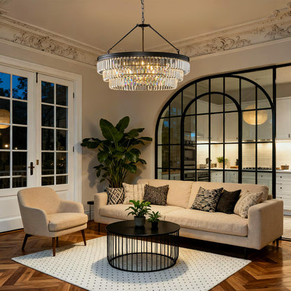Black Modern Round Crystal Chandelier: 28" K9 Luxury Crystals Contemporary Chandeliers for Dining Room Lights over Table - Adjustable Large Light Chandelier for Bedroom Living Kitchen Entryway Foyer