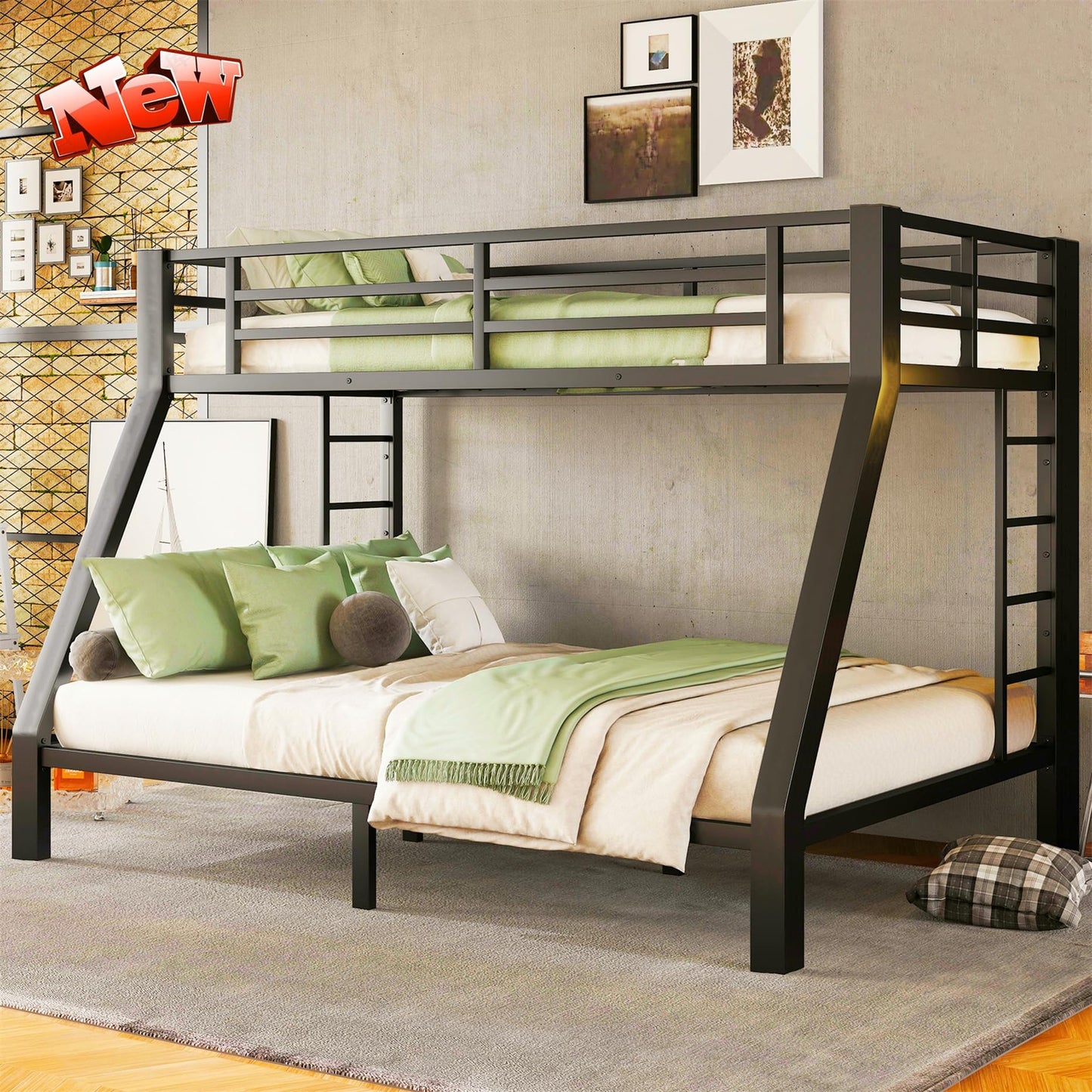 AOOMEEC Higher Quality & Stronger Twin XL Over Queen Bunk Bed, Thickened Heavy Duty More Stable Safer Black Metal Steel Bunkbed Bunk Queen Bed (Easier to Assemble) (Twin XL Over Queen)