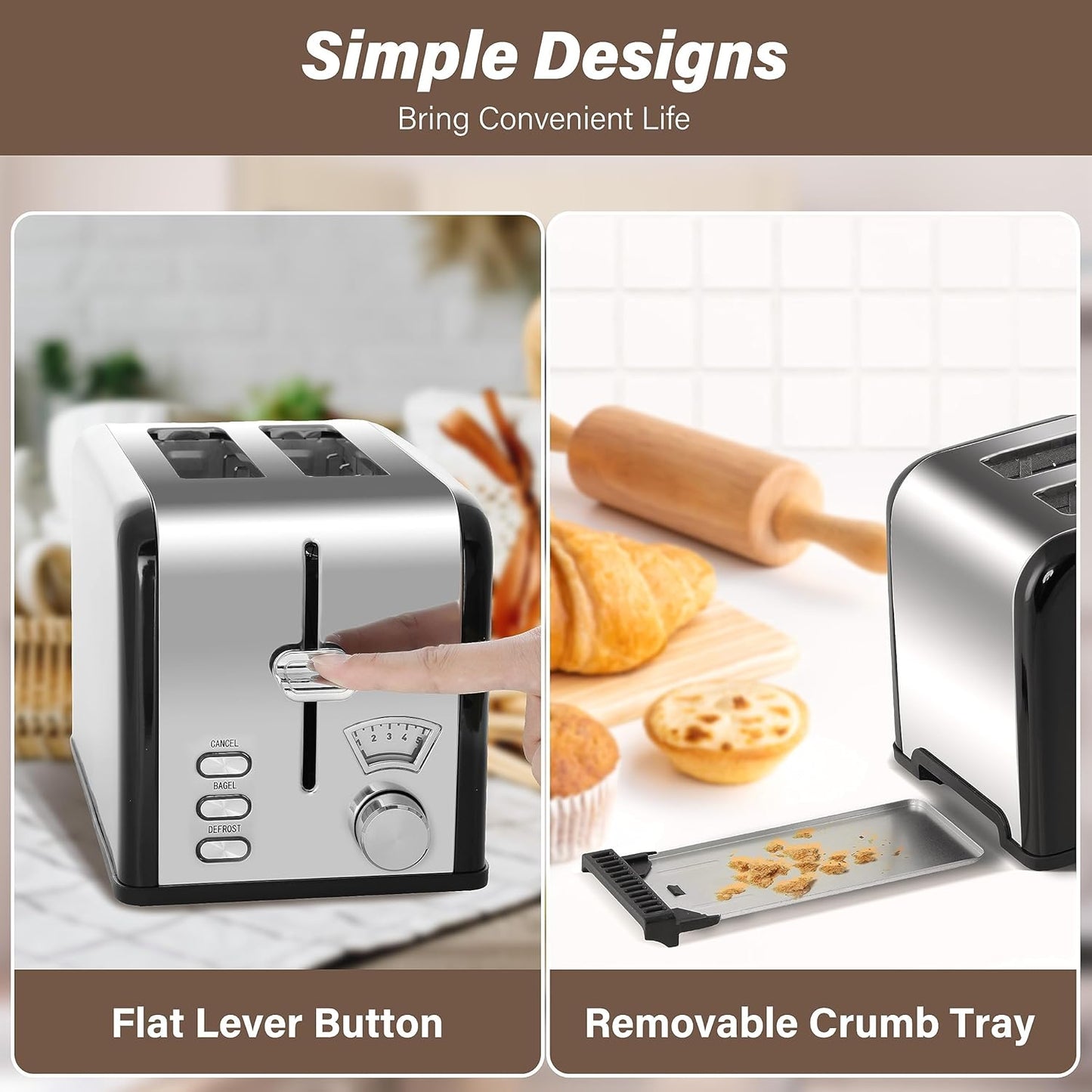 YSSOA 2-Slice Toaster, Extra Wide Slot & Removable Crumb Tray, Retro Stainless-Steel Style, 5 Browning Settings, New
