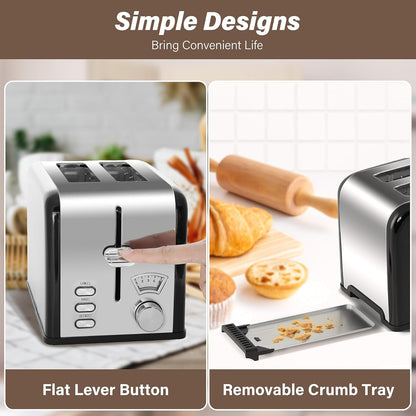 YSSOA 2-Slice Toaster, Extra Wide Slot & Removable Crumb Tray, Retro Stainless-Steel Style, 5 Browning Settings, New