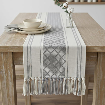 14x72 Inches Grey Table Runner with Tassel Gray & Cream Checks Geometric Design , Woven Washable Heavy Dresser Scarf