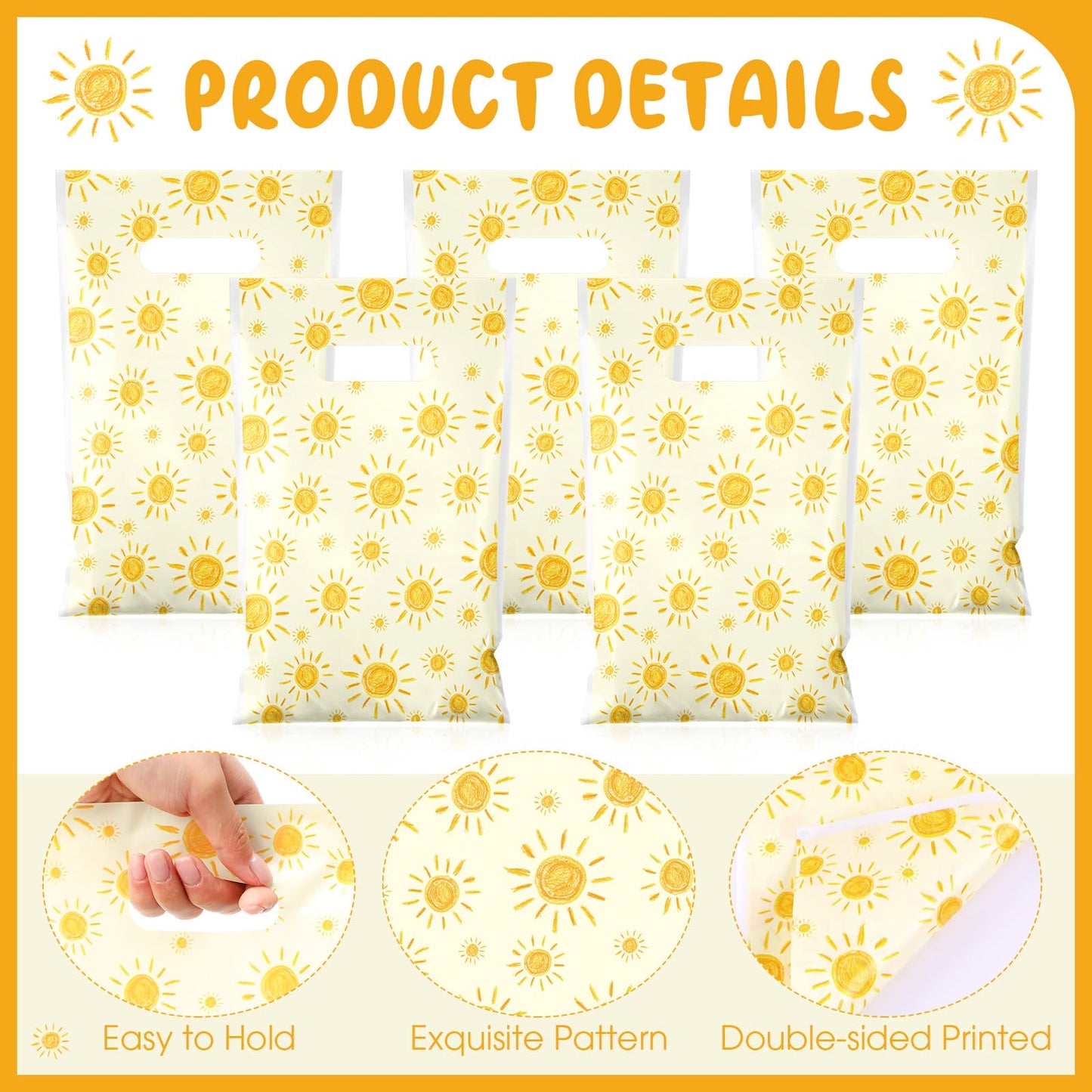 Supervitae 100 Pcs Boho Sun Plastic Gift Bags Bulk with Handles - First Trip Around the Sun Party Favors Summer Sunshine Treat Bags for Birthdays Weddings Snacks Candy Goodie Party Supplies
