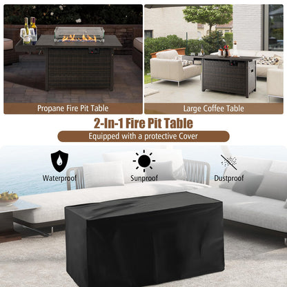 Tangkula Patio Propane Fire Pit Table, 52 Inch Wicker Gas Fire Pit with Wind Guard & Extended Shelf, 50,000 BTU Heat Output, Rectangular Fire Table with Blue Fire Stone & Waterproof Cover (Brown)