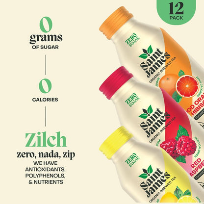 Saint James Iced Tea - Organic Black Tea - Non GMO, Gluten Free, Zero Calorie & Zero Sugar - Variety Black Tea Flavors, 12 Pack (16 fl oz each)