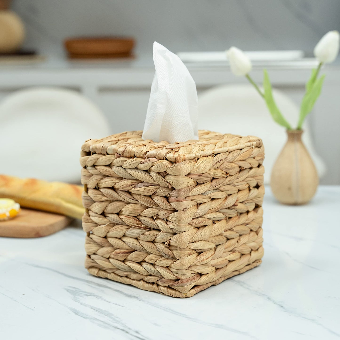KOLWOVEN Tissue Box Holder - Square- Rattan Wicker Tissues Cube Box Cover -Boho Decorative Woven Facial Tissue Holder on Table and Barthroom (Square)