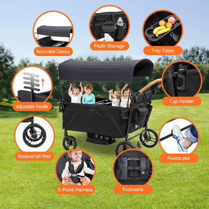 Voupou Stroller Wagon for 4 Kids Seated-Tandem Fold Stroller Push-Pull Lightweight Travel Trolley with 5-Point Harness,Adjustable Handle and Canopy,Mosquito Net,Footwells,Child Tray,Cup Holder,Storage