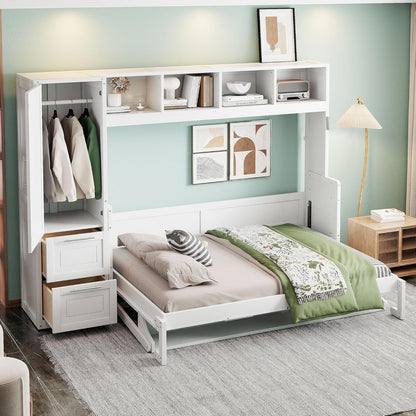 Ball & Cast Murphy Bed Queen Size Wall Beds with Closet and Storage Drawers,Wood Hideaway Platform Bedframe w/Lock,can be Folded,Easy Assembly,for Kids Bedroom,Student Dorms,White