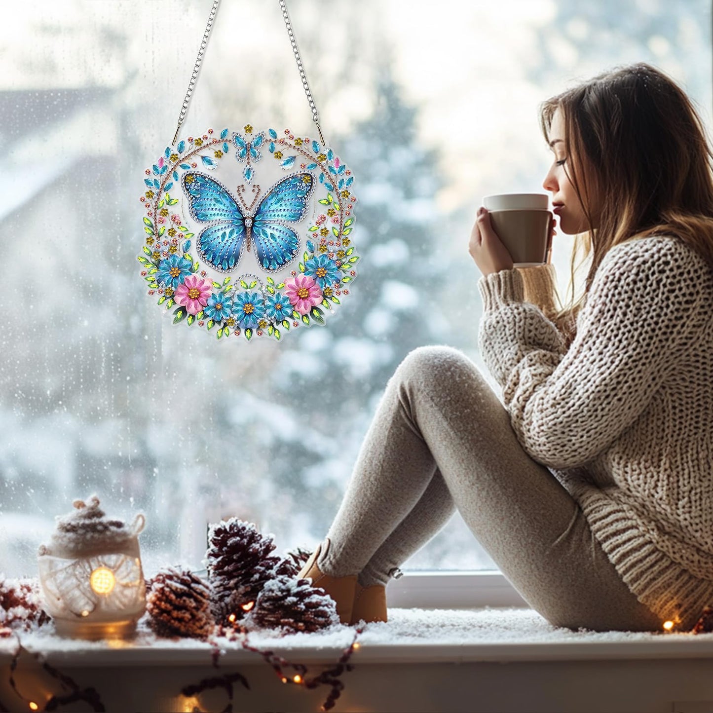 GHHKUD Butterfly Diamond Art Hanging Kits for Adults, DIY Double Sided Diamond Painting Hanging Flower Wreath, Special Shaped Acrylic Ornaments Pendants for Window Home Garden Wall
