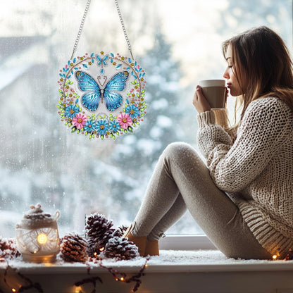 GHHKUD Butterfly Diamond Art Hanging Kits for Adults, DIY Double Sided Diamond Painting Hanging Flower Wreath, Special Shaped Acrylic Ornaments Pendants for Window Home Garden Wall