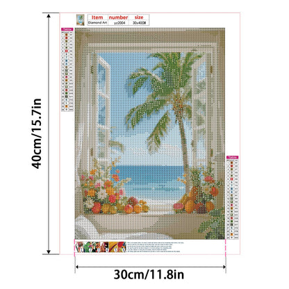 JZHYOAN Summer Beach Window Diamond Painting Kit Hawaii Tropical Island Palm Leaves Ocean Diamond Art Kits for Adults 5D Full Drill Crystal Rhinestone Round Gem Art Craft Kits for Wall Decoration