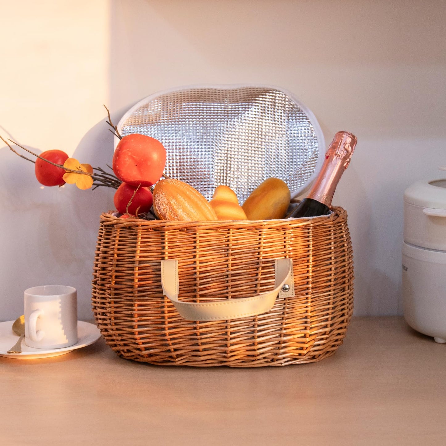 KINGWILLOW,Picnic Basket, Woven Willow Insulated Wicker Storage Basket – Zippered Canvas Lining for Food, Picnics, or home use