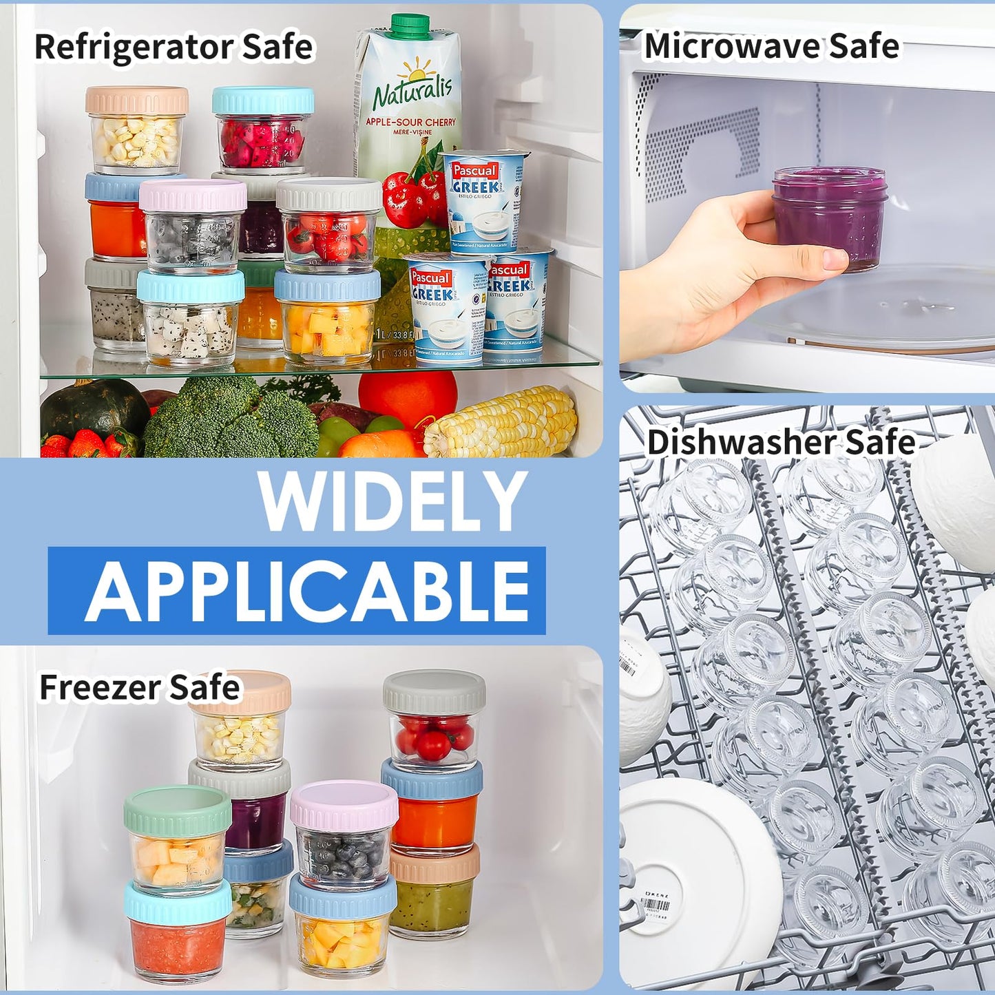 DRKIO 6 Pack Glass Baby Food Storage Containers - 4 Oz Baby Food Jars with Lids Baby Food Maker Microwave Dishwasher Freezer Safe 100% Leak Proof BPA Free Reusable