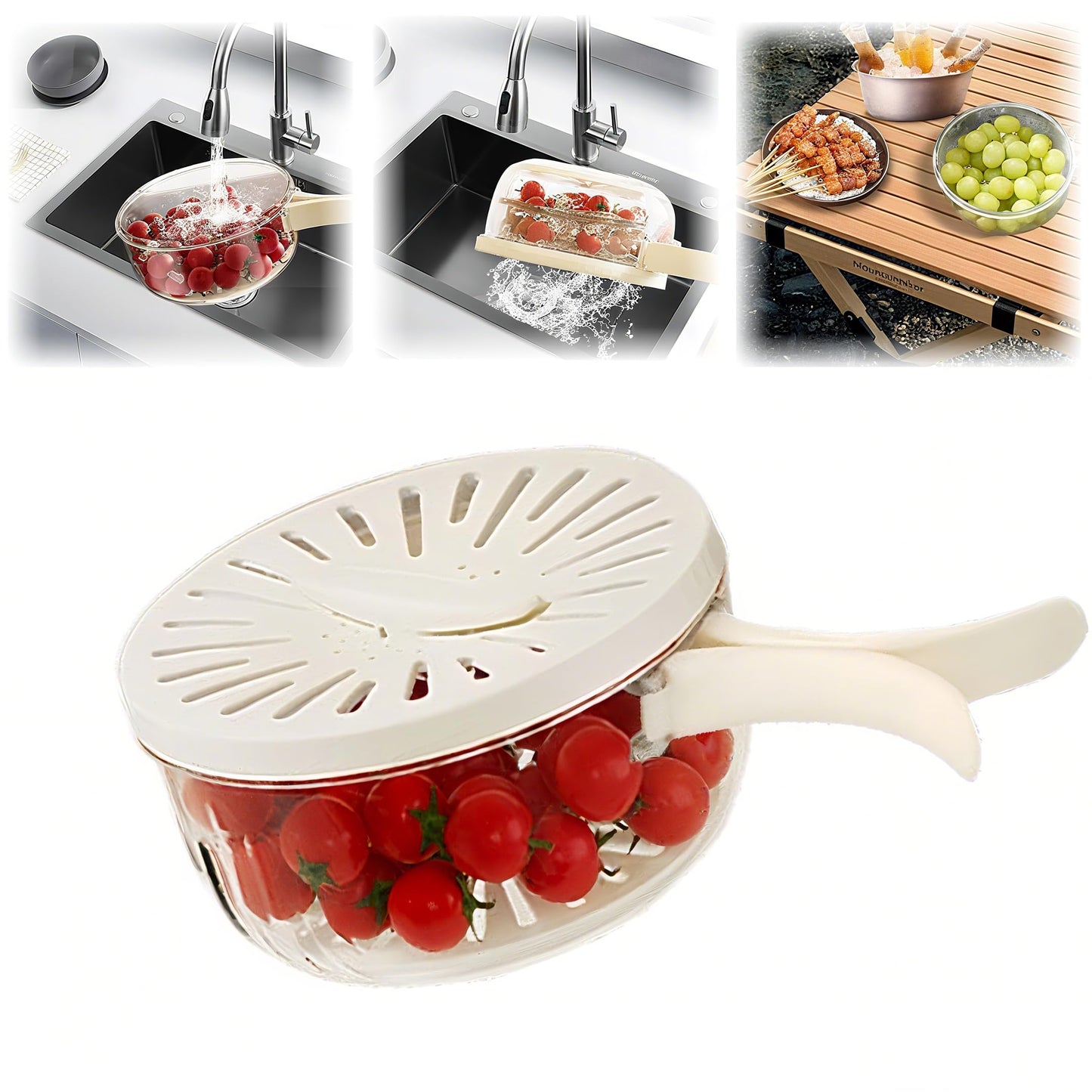 Multifunctional Fruit Washing Bowl with Strainer,2 in 1 Drain basket and Fruit Strainer Container with Lid,Fruit Washer Bowl for Kitchen,Fridge,Picnic & Camping(1QT)