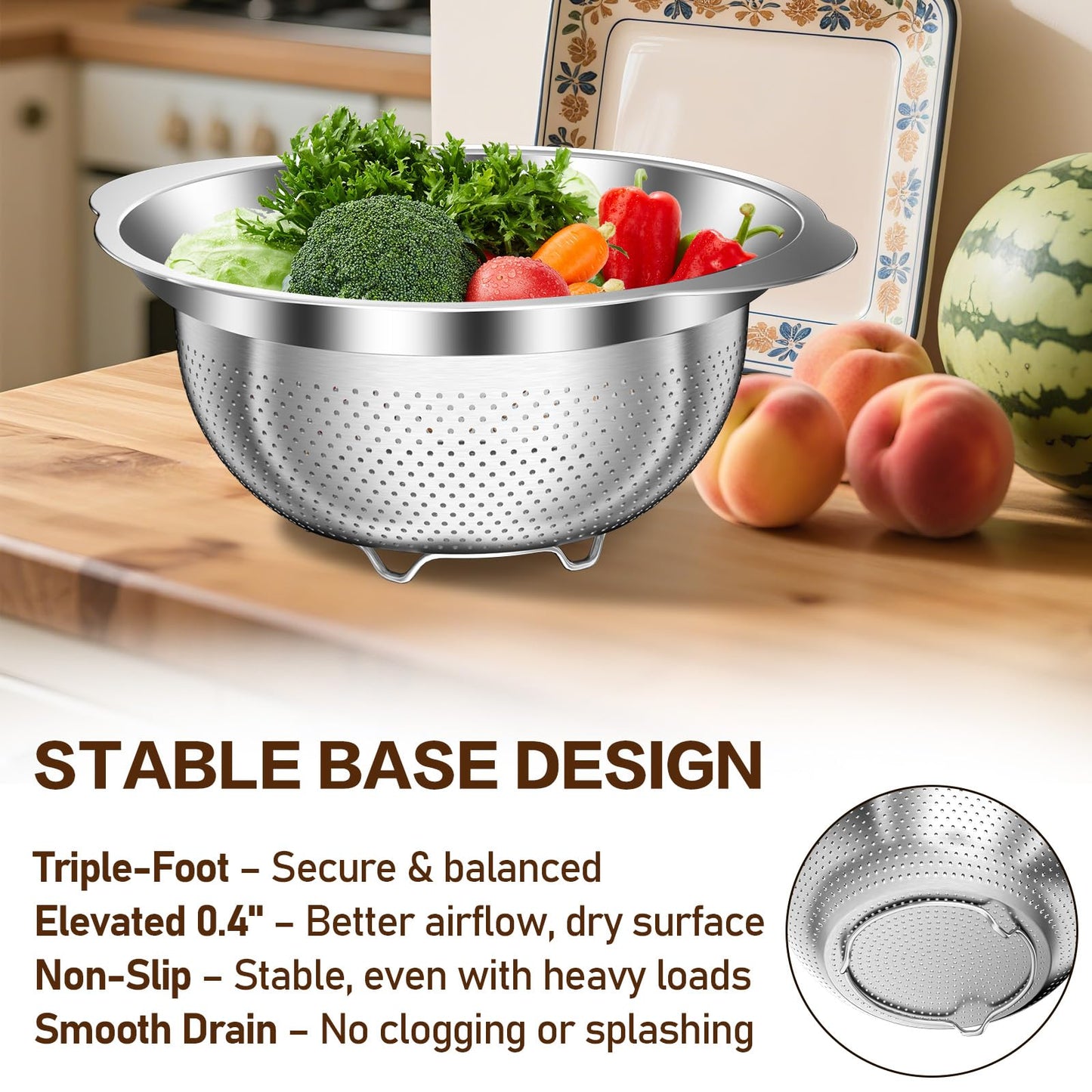 3.5QT Colander with Bowl, Rice Strainer, Stainless Steel Mixing Bowls with Strainer, Pasta Strainer, Colander for Kitchen for Rice Pasta Fruits Vegetables, Rice Cleaner Strainer, Dishwasher Safe