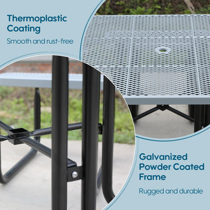 Sunnibety 8-Person Picnic Tables for Outdoors, Industrial 46" Expanded Metal Square Picnic Table with 4 Benches & Umbrella Hole, Outside Table and Bench Set for Garden, Backyard, Porch, Patio, Grey