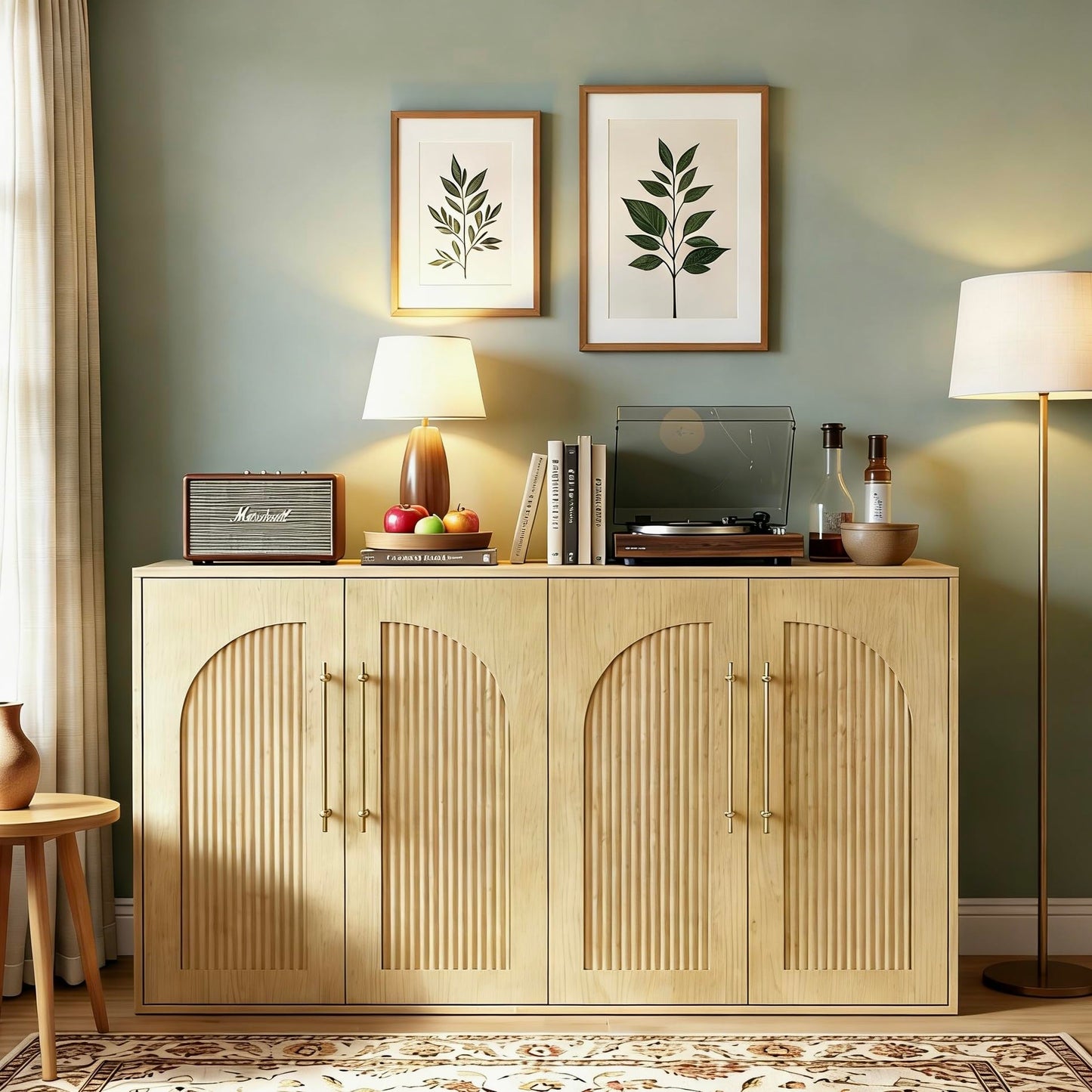 Seang Buffet Cabinet with Storage,55" Modern Arched Sideboard Cabinet with 4 Fluted Doors,Metal Handle and Adjustable Shelf,Wooden Console Table Credenza for Living Room,Entryway,Natural