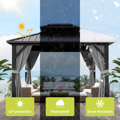 10 X12 ft Hardtop Gazebo, Galvanized Steel Double Roof with Curtains and Netting, Aluminum Frame Patio Gazebo for Patio, Garden and Lawn