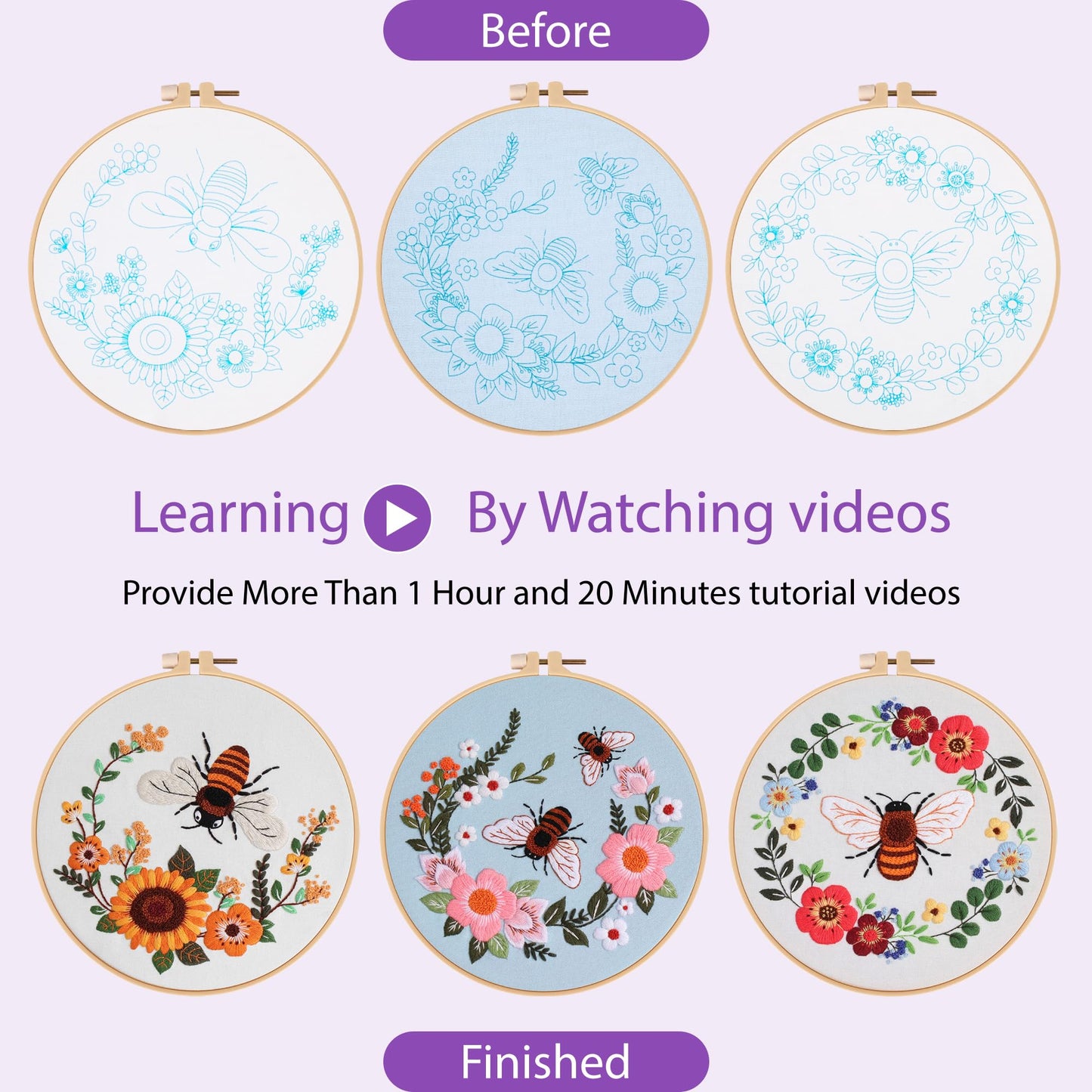 Uniartfy 3 Pack Bee Flower Embroidery Kits for Beginners, Cross Stitch Kit for Adults, DIY Needlepoint with Embroidery Hoop, Tools, Easy to Learn Video & Instructions, Hand Embroidery Starter Kit
