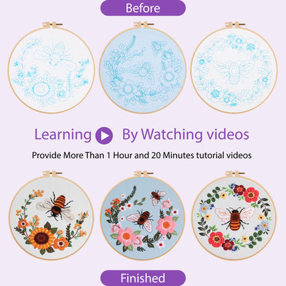 Uniartfy 3 Pack Bee Flower Embroidery Kits for Beginners, Cross Stitch Kit for Adults, DIY Needlepoint with Embroidery Hoop, Tools, Easy to Learn Video & Instructions, Hand Embroidery Starter Kit