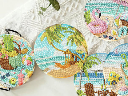 8 PCS Diamond Art Coasters Kits Beach Diamond Painting Coaster Kits Diamond Coasters with Holder Cork Pads Gem Art Dots Paintings Crafts Supplies for Adults Beginners