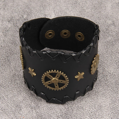 GelConnie Mens Bracelets Leather Cuff Steampunk Alloy Gear Leather Wristbands for Men Women Bracelets Cuff Bangle Jewelry