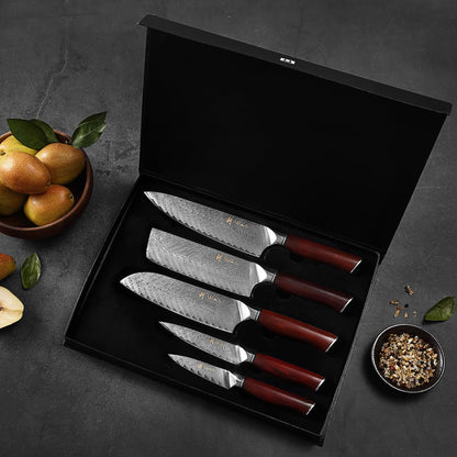 Wakoli Rose Elegance Knife Block Set – 5-Piece Professional Damascus Kitchen Knife Set with Magnetic Block – 67-Layer Damascus Steel with VG10 Core, Ergonomic Rosewood Handles in Gift Box