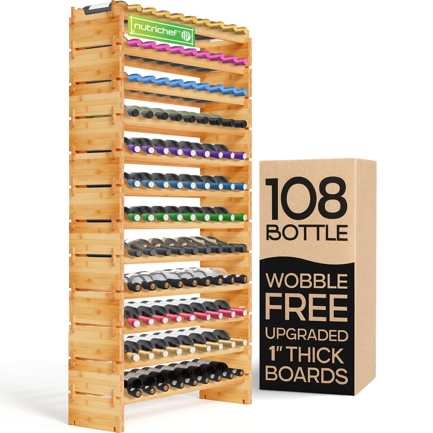 NutriChef 108 Bottle Wine Rack Stackable Bamboo Freestanding, 12 Tier Modular Shelf, Sturdy Wobble Free Upgraded 2026 Design, Easy No-Tool Assembly for Kitchen Cellar or Bar Storage 33.5" x 10" x 63”