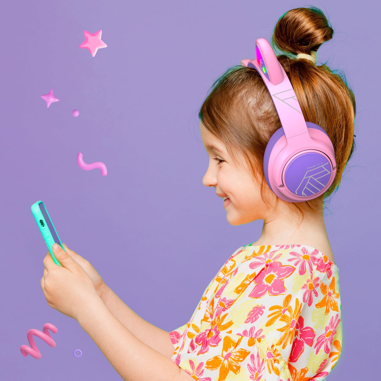 PowerLocus Kids Wireless Headphones, Bluetooth Kids Headphones LED Lights Over Ear with 74/85/94dB Volume Limited, 45H Playtime,Built-in Mic, Two Device Share Mode, HD Stereo for Travel/PC/Tablet