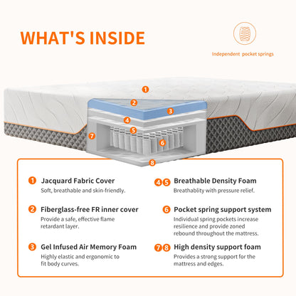 ESHINE Adjustable Bed Frame with 12" Hybrid Mattress with Luxury Gel Memory Foam(Medium), Split King Upholstered Bed Frames with Massage, Wireless Remote, USB, Under Bed Night Light, Head/Foot Incline
