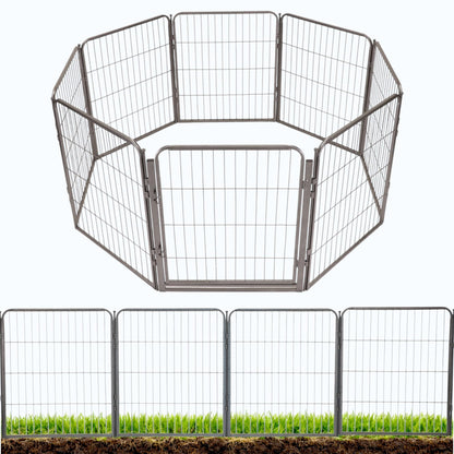 Kozy Kennels Decorative Outdoor Garden Fence - 32in, 8 Panels - Grey Heavy Duty Metal Fencing w/Anti-Rust Coating & Extra Wide Gate for Yard, Flower Bed Border, Dog & Animal Barrier