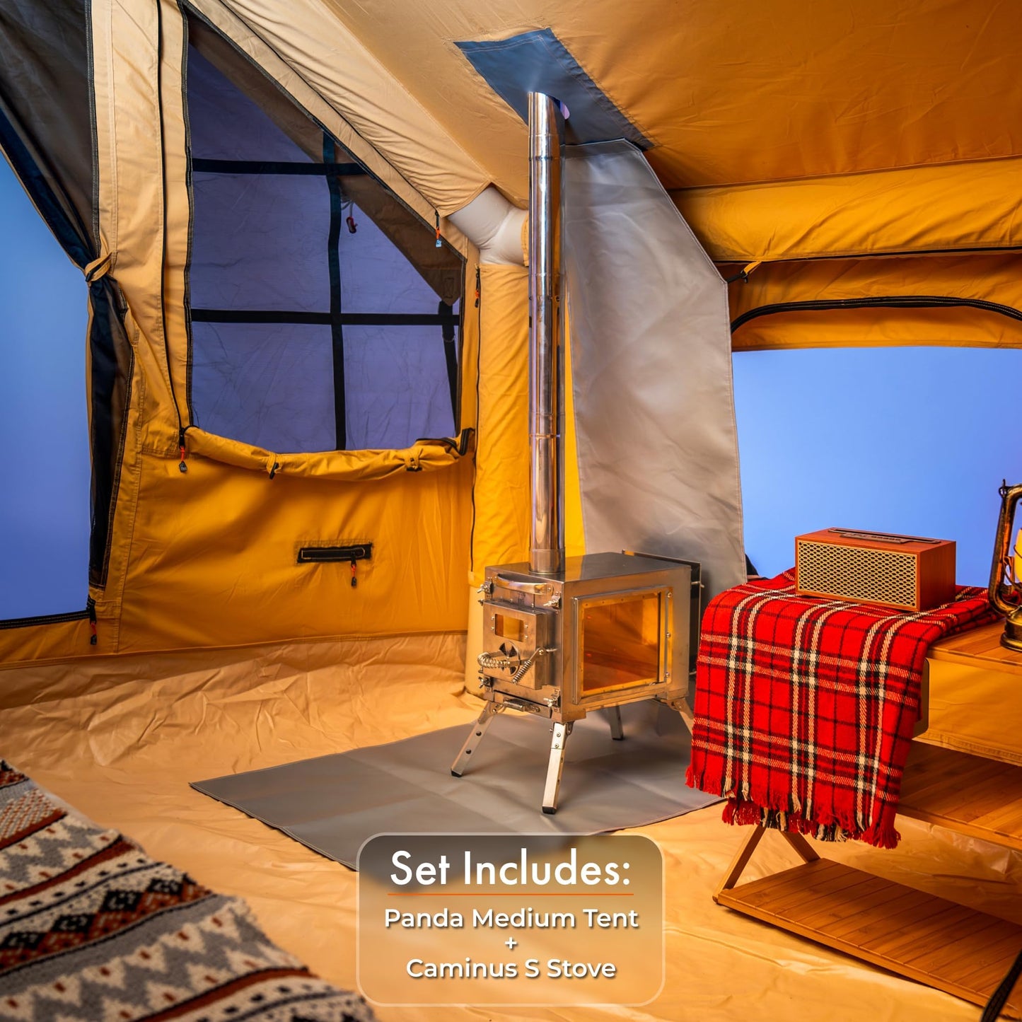 RBM Outdoors Panda Air Medium Inflatable Canvas Camping Tent for 2–4 People – Air Beam Tent with Stove Jack, Fast Setup, Hand Pump Included, Beige, Set