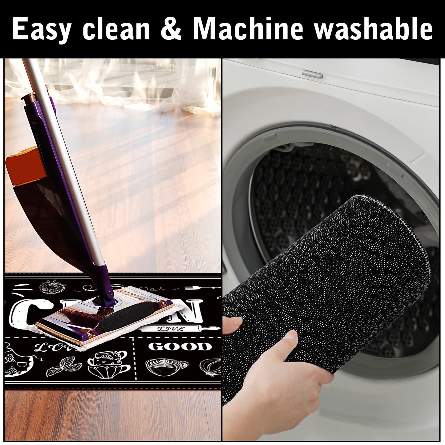 Sinmoe 3 Pcs Kitchen Rug Set Non Skid Thick Black Kitchen Rugs and Mats Stain Resistant Anti Fatigue Mats for Microfiber Floor Non Slip Backing Mat, 15.7" x 47.2", 15.7" x 23.6"