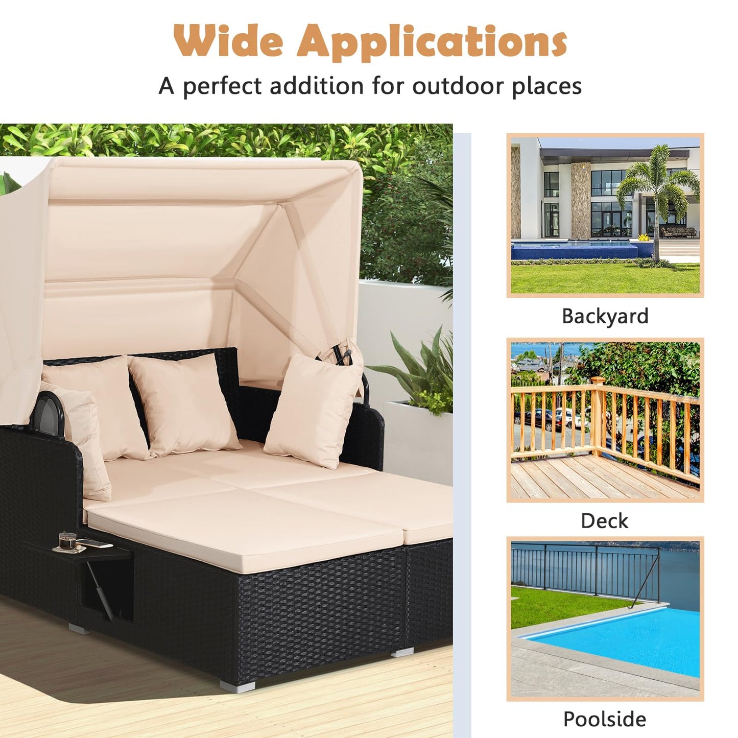 Tangkula Patio Rattan Daybed with Retractable Canopy, Outdoor Wicker Sunbed Lounger with 2 Foldable Side Tables, Thick Seat & Back Cushions, Outside Double Daybed for Garden, Backyard, Porch
