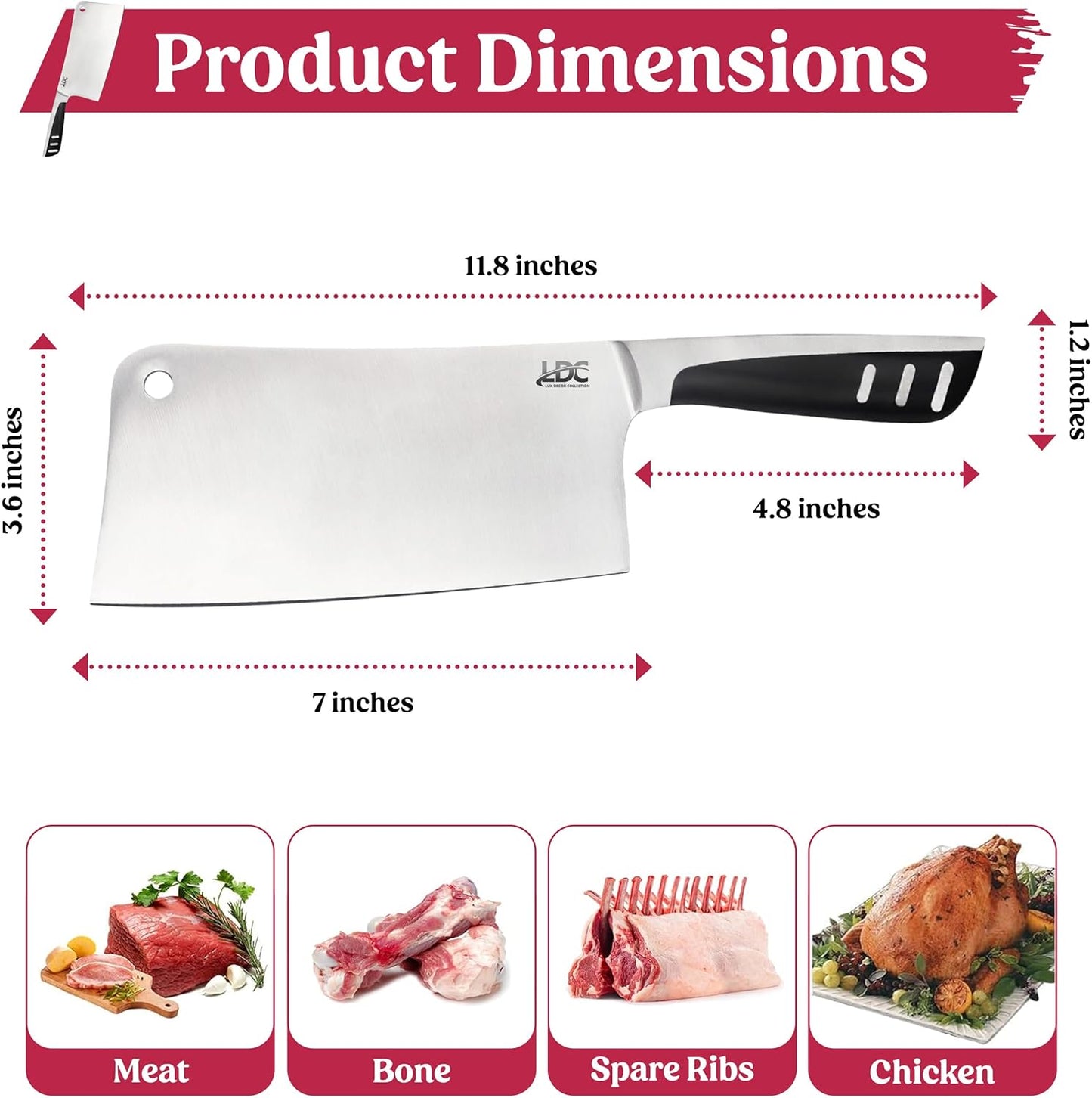 LDC 7" Inch Meat Cleaver Knife - High-Carbon Stainless Steel for Heavy-Duty Slicing, Mincing, Chopping
