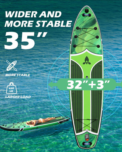 AISUNSS 11'6''x35'' Super Wide Inflatable Paddle Board, 450lb Capacity Premium Stable SUP Board for 2+1 People/Family w/100L Backpack, Dual-Action Pump, Safety Leash (Green Oil Painting)