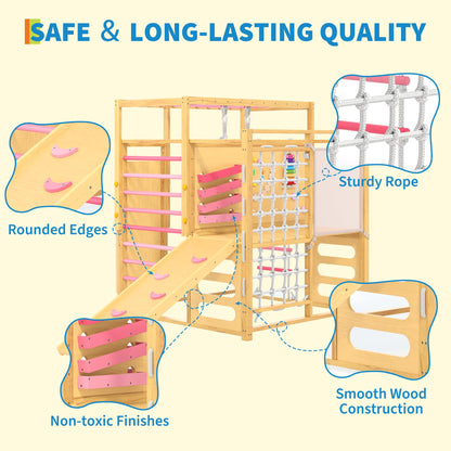 Garvee 9-in-1 Indoor Jungle Gym, Montessori Wooden Indoor Playground for Kids 2-8, Wooden Climbing Structure with Slide, Monkey Bars, Rope Ladder, Rock Wall, Climbing Net, Rings - Natural Wood Pink