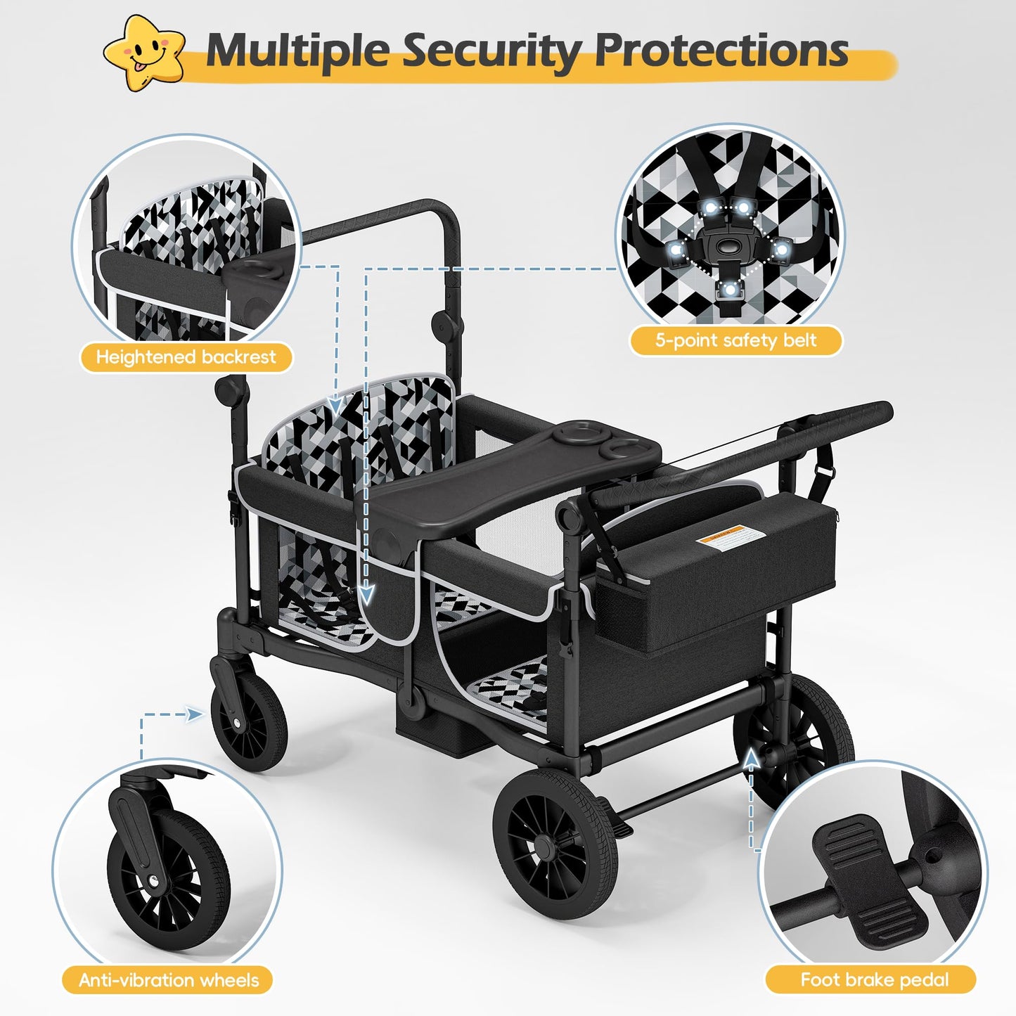 TOLEAD Wagon Stroller for 4 Kids, Foldable 4 Seats Outdoor Stroller Wagon with Canopy, Adjustable Handlebars, 5-Point Safety Harness, Detachable Tray, Portable Bag (Black)