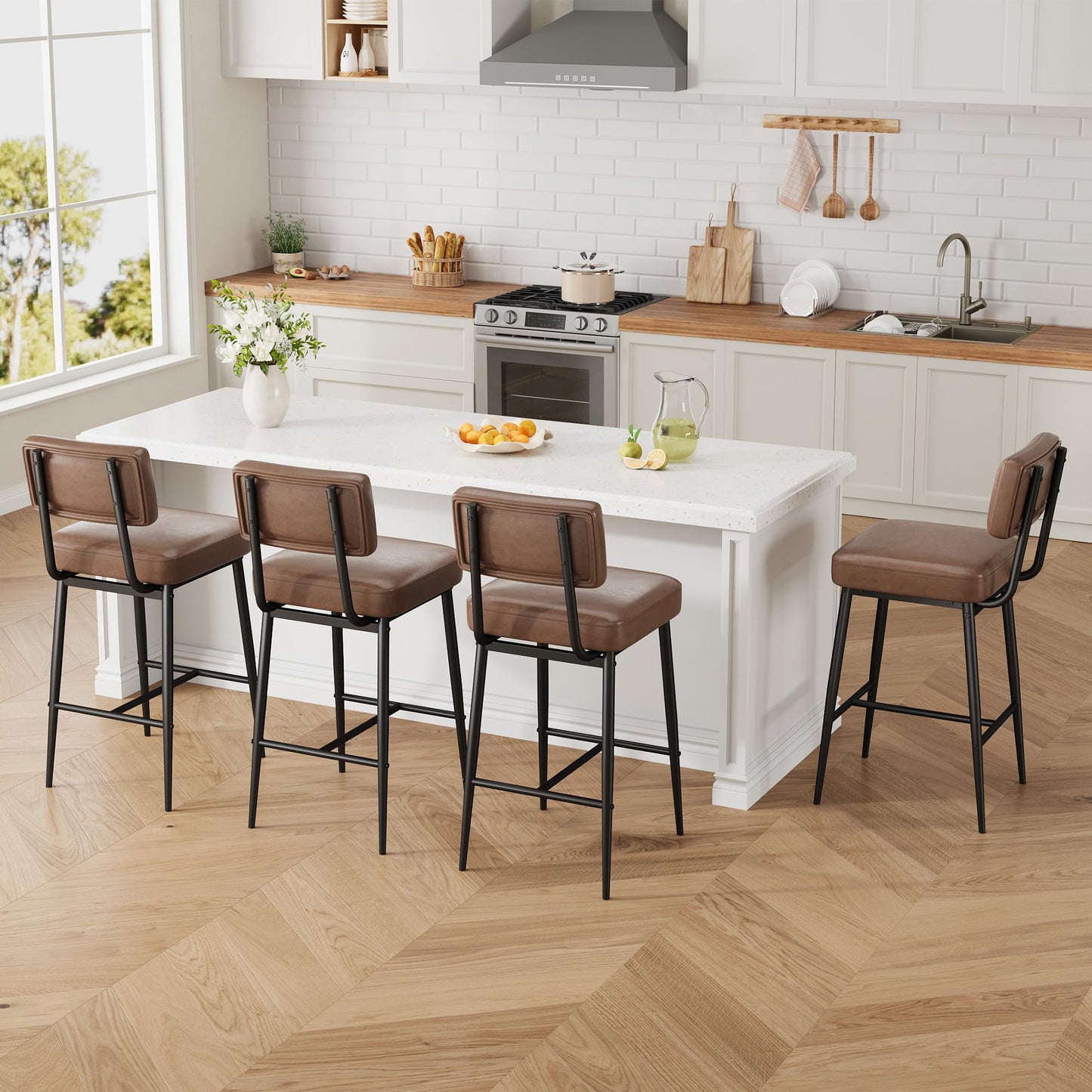 GarveeHome Bar Stools Set of 4, 26" Brown Faux Leather Counter Height Bar Stools with Backs, Modern Upholstered Barstool Chairs with Metal Legs for Kitchen Island, Home Bar, Dining Room