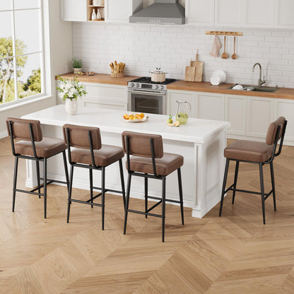 GarveeHome Bar Stools Set of 4, 26" Brown Faux Leather Counter Height Bar Stools with Backs, Modern Upholstered Barstool Chairs with Metal Legs for Kitchen Island, Home Bar, Dining Room
