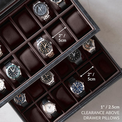 TAWBURY Watch Box for Men - Extra Large 24 Slot Watch Case with Real Glass Display, Removable Drawer and 2-inch Wide Pillows for Large Watches (Black/Charcoal)