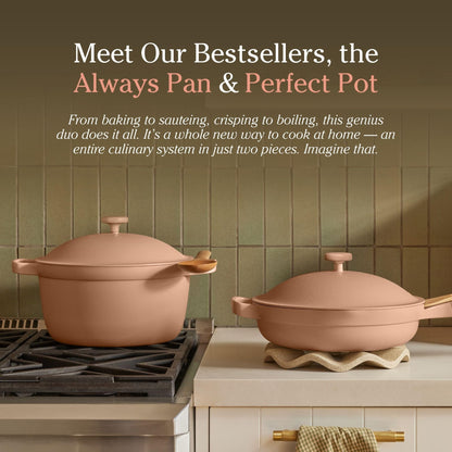 Our Place Cookware Duo | 7-Piece Ceramic Cookware Set with 10.5" Always Pan 2.0, 5.5 Qt Perfect Pot & Strainer Basket | Induction & Oven Safe up to 450°F | Nonstick, Non-Toxic Cookware | Blue Salt