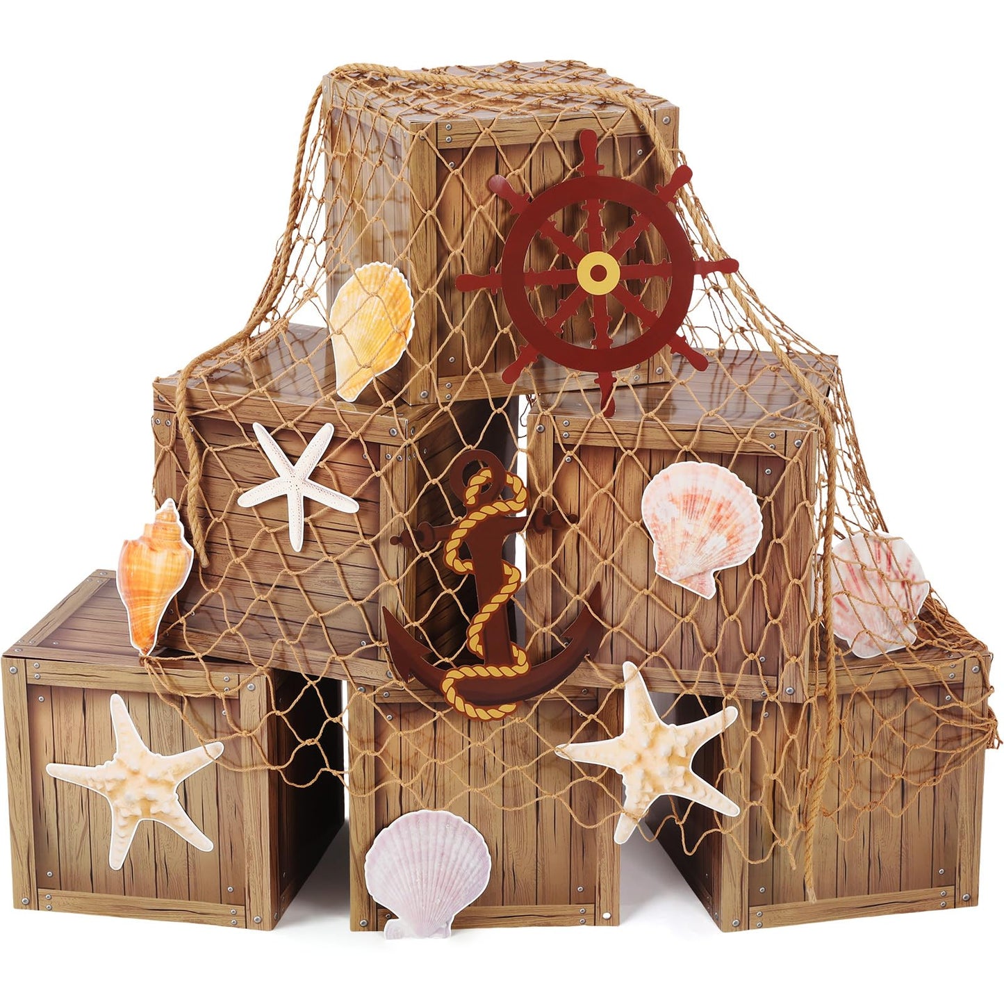 JellyArch 18 Pcs Pirate Party Decorations Imitation Wooden Box Fishing Net Car Trunk or Treat Gasparilla Style Decor Ocean or Pirate Party Favors Adventure Birthday Photo Booth Props