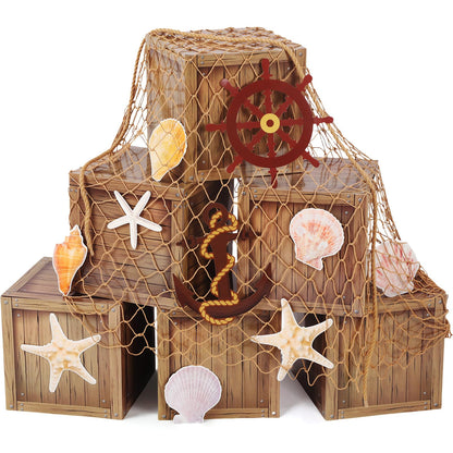 JellyArch 18 Pcs Pirate Party Decorations Imitation Wooden Box Fishing Net Car Trunk or Treat Gasparilla Style Decor Ocean or Pirate Party Favors Adventure Birthday Photo Booth Props