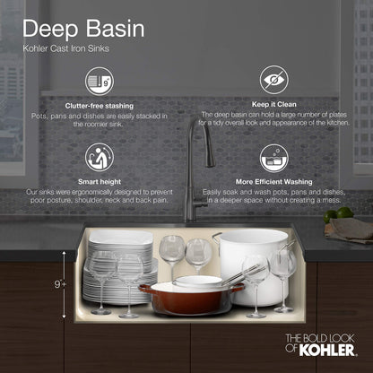 KOHLER Whitehaven® 35-3/4" Farmhouse Undermount Kitchen Sink, Single-Bowl Kitchen Sinks, Self-Trimming Tall Apron Front, K-6489-0, White