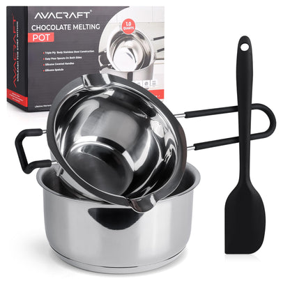 AVACRAFT Double Boiler 18/8 Stainless Steel Double Boiler Pot with Stainless Steel Pot and Silicone Spatula, Double Boiler Set for Melting Chocolate, Candy, Soap, Wax, Candle Making (1 Quart)