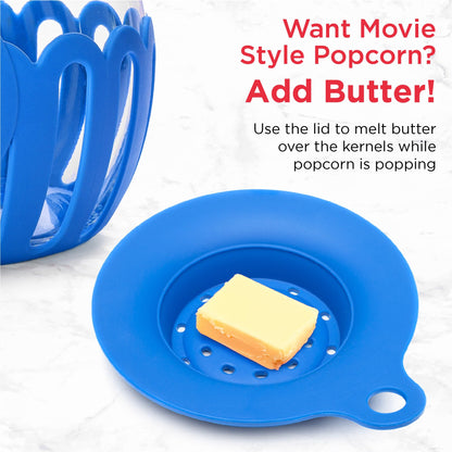 Ecolution Patented Micro-Pop Microwave Popcorn Popper with Temperature Safe Glass, 3-in-1 Lid Measures Kernels and Melts Butter, Made Without BPA, Dishwasher Safe, 3-Quart, Blue